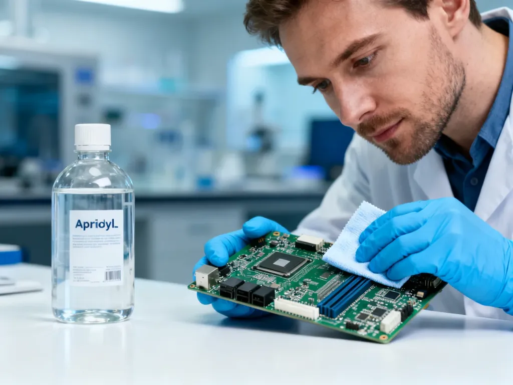 Osoba w rękawiczkach czyści płytkę drukowaną alkoholem izopropylowym na sterylnym stole laboratoryjnym.