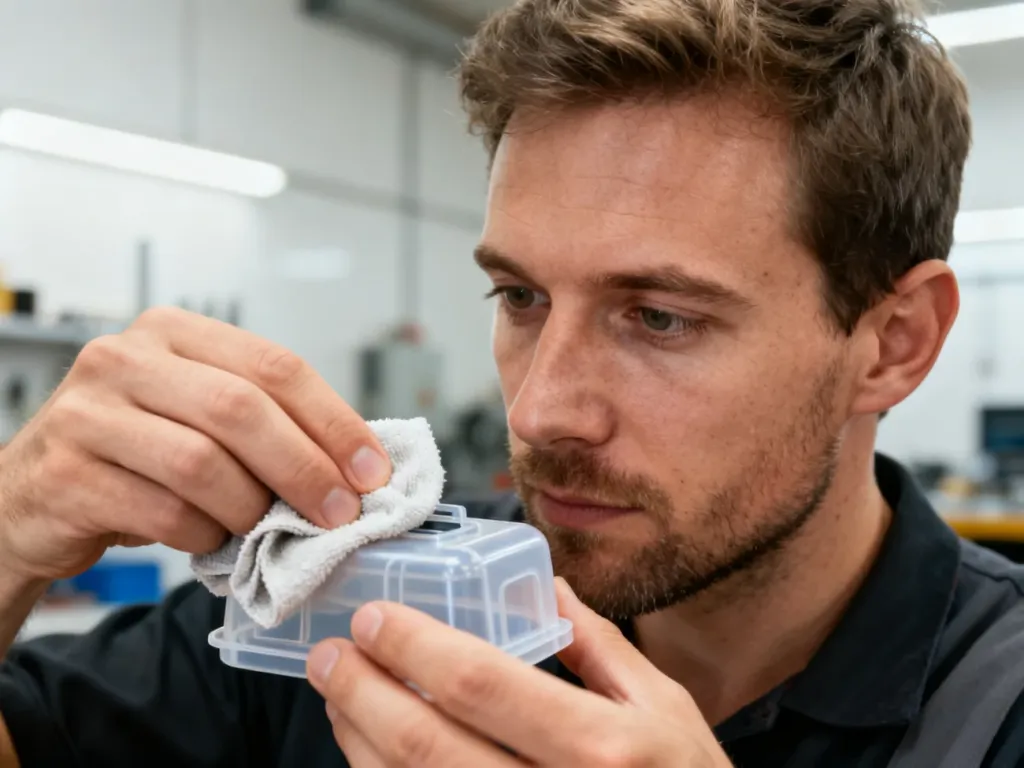 Mężczyzna ostrożnie czyści plastikowy przedmiot miękką ściereczką w jasnym, uporządkowanym warsztacie.