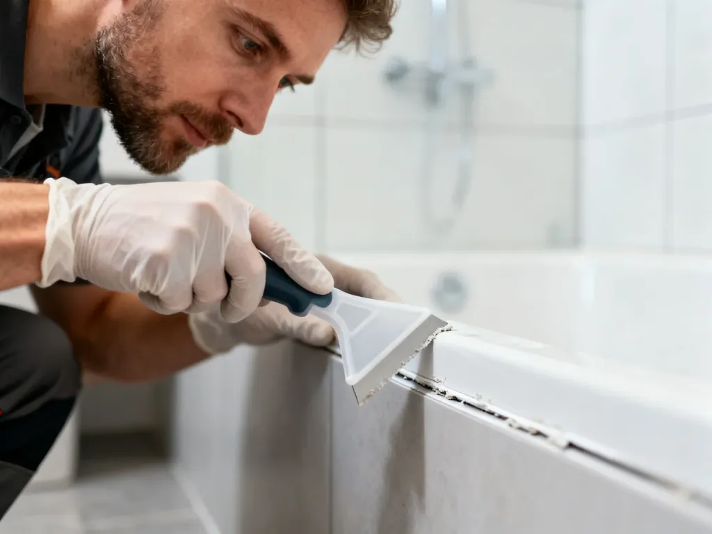 Mężczyzna w rękawicach ochronnych usuwa stary silikon z krawędzi brodzika za pomocą plastikowego skrobaka.