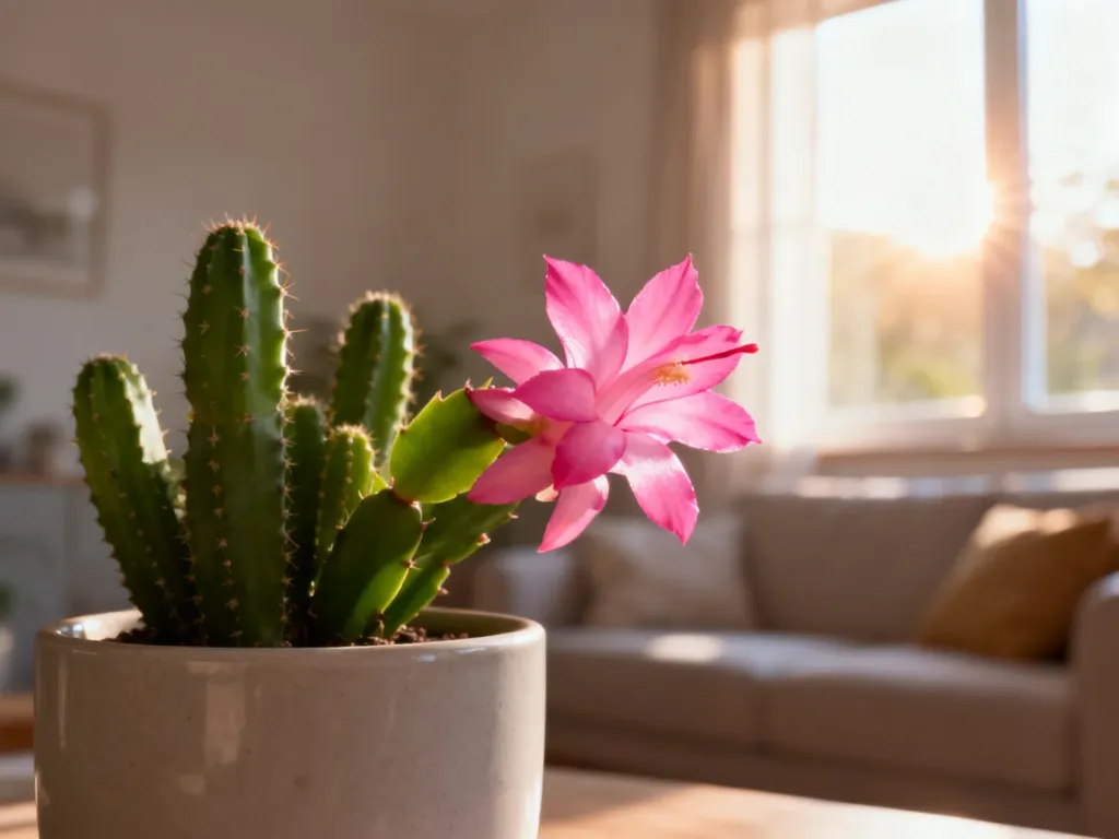 Kwitnąca Schlumbergera o różowych kwiatach w minimalistycznej doniczce, ustawiona w słonecznym, przytulnym salonie.