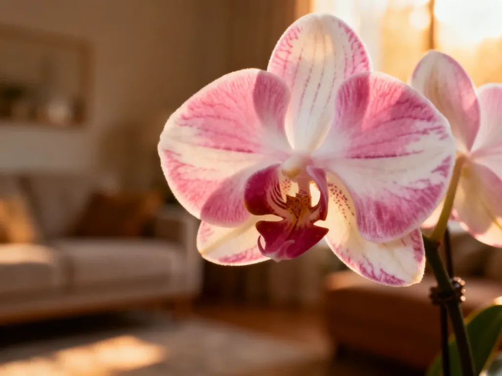 Zbliżenie na kwitnącego storczyka Phalaenopsis o różowo-białych płatkach w przytulnym, nasłonecznionym wnętrzu.