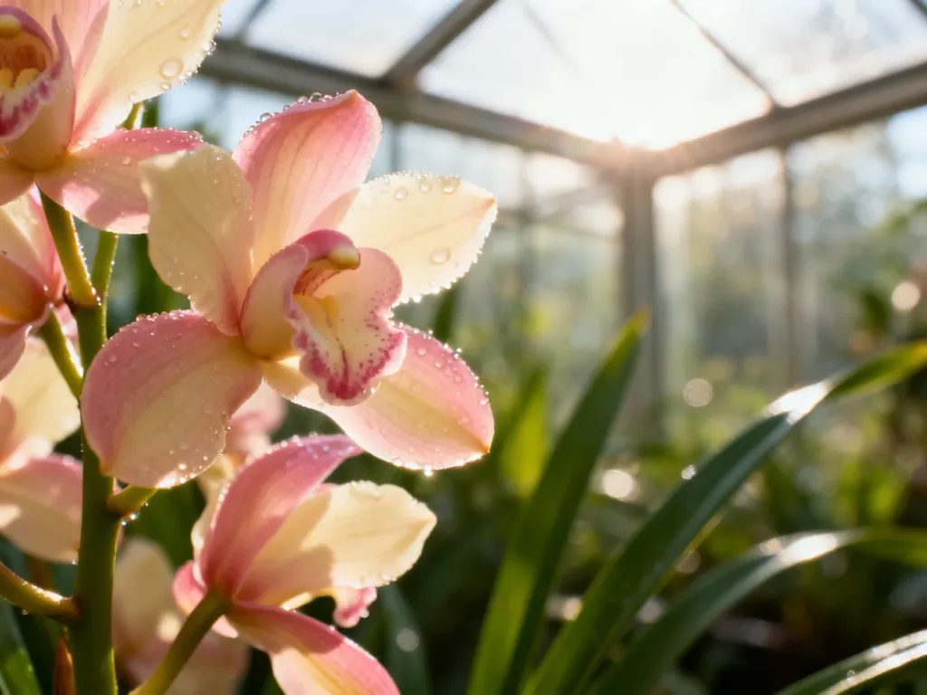 Zbliżenie na kwitnącą orchideę Cymbidium o delikatnych, różowo-kremowych płatkach z widocznymi kroplami rosy.