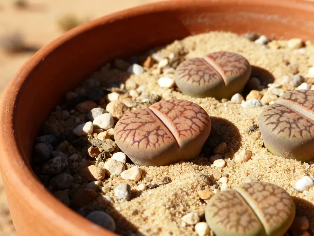 Kilka sukulentów Lithops przypominających kamienie, posadzonych w doniczce z piaszczystym podłożem i drobnymi kamykami.