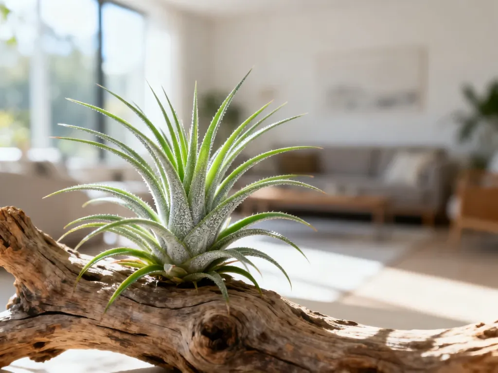 Tillandsia o srebrzystozielonych liściach umieszczona na kawałku drewna, prezentująca naturalną estetykę rośliny powietrznej.