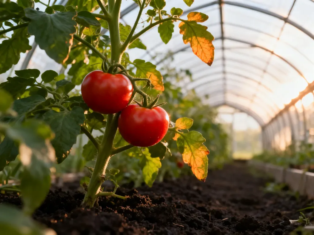 Zdrowe krzaki pomidorów w tunelu z wilgotną glebą i dojrzałymi owocami w porannym świetle.