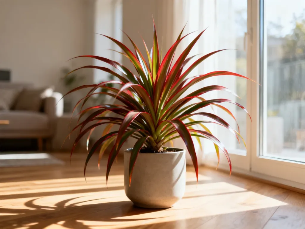 Dracena marginata w minimalistycznej doniczce, stojąca w jasnym, nowoczesnym salonie w świetle porannego słońca.